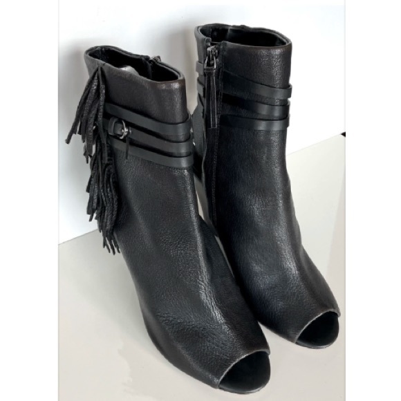 Rebecca Minkoff Shoes - Rebecca Minkoff Black Fringe Stevie Peep Toe Wedge Booties Size 10
